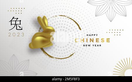 Chinesisches Neujahr 2023 der Kaninchen Grußkarte Illustration von goldenem 3D Kaninchen Spielzeug und Umrissblumen auf weißem Hintergrund mit handgezogenem Pinsel Cir Stock Vektor
