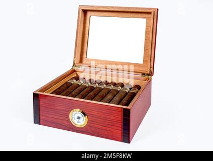 Eine klassische Humidor-Box aus Holz mit Zigarrentabak isoliert auf weißem Hintergrund Stockfoto