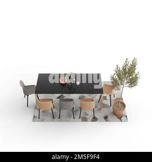 Eine 3D-Darstellung eines schwarzen Tisches mit farbenfrohen Stühlen auf einem Teppich, isoliert auf weißem Hintergrund Stockfoto