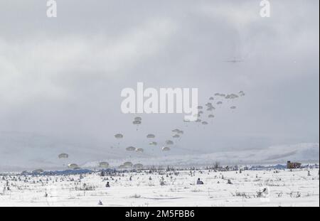 Fallschirmjäger des Bataillons 1., des 501. Fallschirmjäger-Infanterie-Regiments, Teil der 4. Brigade, der 25. Infanterie-Division, die der United States Army Alaska zugewiesen ist, führen am 11. März 2022 im Rahmen des Joint Pacific Multinopal Readiness Center 22-02 eine gemeinsame Zwangseinreiseoperation in die Donnelly Drop Zone in der Nähe von Fort Greely, AK durch. JPMRC 22-02, ausgeführt in Alaska mit seinen erstklassigen Trainingseinrichtungen und seiner rauen arktischen Umgebung, baut Soldaten und Führer in ein Team von erfahrenen, harten, wachsam und anpassungsfähigen Kriegern auf, die überall kämpfen und gewinnen können. (Personal Sgt. Christopher B. Dennis/USARAK Pub Stockfoto