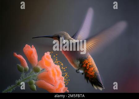 Kolibri ist ein kleiner, bunter Vogel, bekannt für seine Fähigkeit, lange Strecken zu fliegen und hohe Geschwindigkeiten zu halten. Sie können auch fliegen Stockfoto