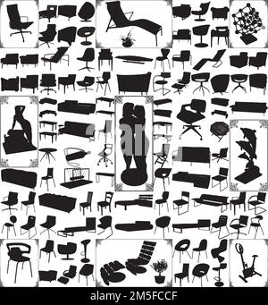 Moderne Möbel Und Objekte Hundert Silhouettenvektor. Abbildung Auf Weißem Hintergrund. Eine Vektordarstellung Einer Möbelsilhouette. Stock Vektor