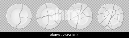 Gebrochene Keramikplatten mit Rissen. Weiße, runde Vektorschalen mit unterschiedlichem Schadensgrad. Realistisches zerbrochenes Küchengeschirr aus Porzellan mit Splitterstücken, isoliert auf transparentem Hintergrund Stock Vektor