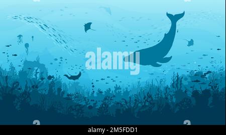 Unterwasserlandschaft, Pottwal, Fischschaufel und Mantarochen in Seetang, Vektor-Unterwasserhintergrund. Meer- oder Meerestiefe und Korallenrifflandschaft mit Wal- und Mantarochen auf versunkenen Stadtruinen Stock Vektor
