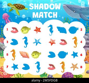 Schattenspiel Cartoon Unterwasserwelt und Tiere. Arbeitsblatt für Kinder mit Seepferdchen, Kugelfisch und Seesternen oder Muscheln auf dem Meeresboden. Kinderlogik, Vorschulerziehung Stock Vektor