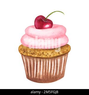Cupcake mit Sahne und Kirsche. Handgezeichnete Aquarelldarstellung. Für Postkarten, Einladungen. Alles Liebe zum Valentinstag. Stockfoto