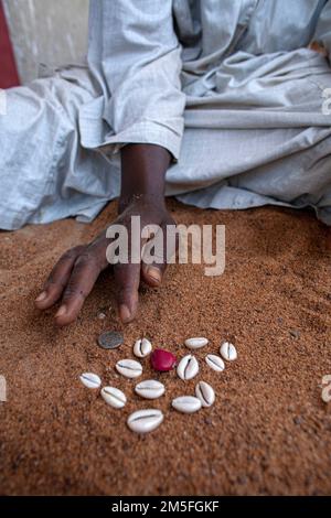 Cowrie-Muscheln sind Teil von Ritualen in Afrika. Cowrie Shells wurde zu einem beliebten Werkzeug bei Zeremonien. Stockfoto