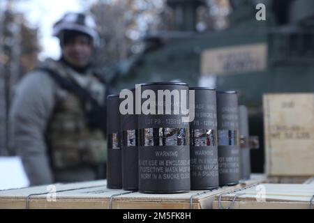 Soldaten des 1. Stryker Brigade-Kampfteams, 25. Infanteriedivision, den USA zugeteilt Army Alaska, entladen und liefern Sie M18 Rauchgranaten zur Unterstützung der Konvoi-Operationen in Fort Greely, AK, März 13 2022. Das Joint Pacific Multinational Readiness Center 22-02 ist das erste regionale Kampftrainingscenter in Alaska, das sich auf großmaßstäbliche Kampfoperationen (Large Scale Combat Operations, LSCO) konzentriert und eine Schulungsveranstaltung für kaltes Wetter ist, die eine Situationstraining (STX) umfasst. Stockfoto