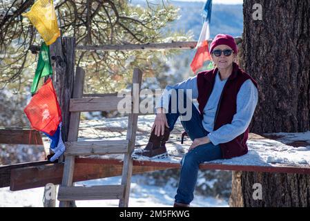 Aktive, fitte Seniorin (ca. 65 Jahre alt) sitzt auf Holzplattform, einem Baumhaus in einer Kiefer, mit hausgemachter Holzleiter und Gebetsfahne, USA. Stockfoto
