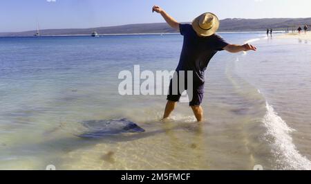 Ein Mann erschreckt von Stachelrochen, Hamelin Bay, Leeuwin-Naturaliste National Park, Westaustralien Stockfoto