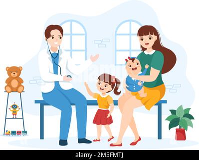 Kinderarzt untersucht Kranke Kinder und Babys für medizinische Entwicklung, Impfung und Behandlung in flacher Cartoon Hand Drawn Templates Illustration Stock Vektor