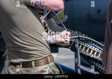 EIN US-AMERIKANISCHER Ein Flugzeugführer mit dem 849. Flugzeugwartungsgeschwader lädt Munition auf einen F-16 Kampffälken, der der 311. Kampfgeschwader zugeteilt wurde, Holloman Air Force Base, New Mexico, in Tyndall AFB, Florida, 14. März, 2022. Die F-16 ist mit einer vulkanischen Kanone mit M61 kg ausgestattet, die im Rahmen des Programms zur Evaluierung von Waffensystemen East 22,06 der 53. Evaluation Group eingesetzt wurde. Stockfoto