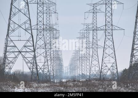 Zwei Reihen riesiger Übertragungstürme, die sich im Winter in Nepean, Ontario, Kanada, in die Ferne schlängeln. Stockfoto