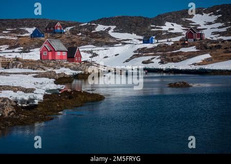 Farbenfrohe Häuser an der Küste Grönlands Stockfoto