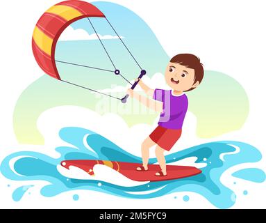 Kitesurfing-Illustration mit Kite Surfer für Kinder, die im Sommer auf dem Kiteboard in extremen Wassersportarten stehen flache, handgezogene Cartoon-Schablone Stock Vektor