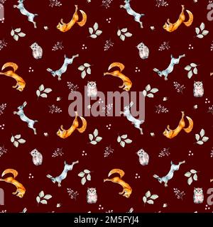 Wildtiere, Hasen, Fuchs, Eule und Pflanzen Aquarell nahtloses Muster isoliert auf dunkel. Winter Walddruck, handgezeichnet von Wald. Design für Textil, wi Stockfoto