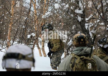 Fallschirmjäger der Comanche Company, 1. Bataillon, 501. Parachute Infanterie-Regiment, 4. Infanterie-Brigaden-Kampfteam (Airborne), 25. Infanterie-Division, ‚Spartan Brigade‘, betreiben während der Rotation des Joint Pacific Readiness Multinational Readiness Center 22-02 bei Fort Greely, Alaska, am 16. März 2022 eine Aufklärungs- und Überwachungspatrouille. JPMRC 22-02 ist das erste regionale Kampftrainingszentrum in Alaska. Es konzentriert sich auf großmaßstäbliche Kampfoperationen (Large Scale Combat Operations, LSCO) und testet die Kampfbereitschaft des 1. Stryker Brigade Combat Team, 25. Infanteriedivision, während Fallschirmjäger von 4-25 IBCT ( Stockfoto