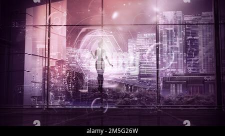 Ein in der Luft schwimmender Roboter arbeitet mit Daten, 3D Render. Stockfoto