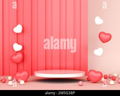 Valentinstag Podium Abstract. Szene mit Valentinstag-Objekt und pinkfarbenem Hintergrund, rotes, pinkfarbenes Herz, luxuriöses 3D-Rendering. Steht für Valent Stockfoto