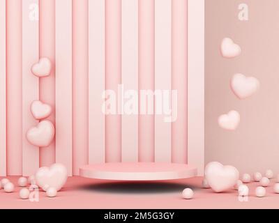Valentinstag Podium Abstract. Szene mit Valentinstag-Objekt und pinkfarbenem Hintergrund, rotes, pinkfarbenes Herz, luxuriöses 3D-Rendering. Steht für Valenti Stockfoto