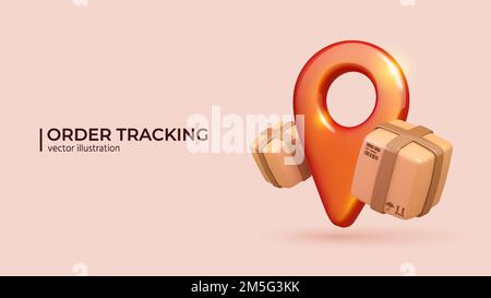 3D Konzept der Online-Sendungsverfolgung. Realistisches 3D-Design für den Versand von schnell reagierenden Paketen auf Mobilgeräten. Online-Bestellverfolgung in trendigen Farben. Vektordarstellung im minimalen Cartoon-Stil. Stock Vektor