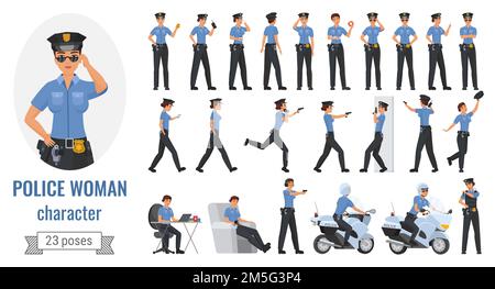 Polizist Frau Posen Vektor Illustration Set. Cartoon junge weibliche Arbeiter Figur arbeitet in verschiedenen Posen, Gesten und Aktionen, posiert Witz Stock Vektor