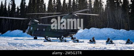 Soldaten des 3. Bataillons, Royal 22e Régiment Canadian Army, sorgen für Sicherheit, nachdem sie am 16. März 2022 während der Übung Joint Pacific Multinational Readiness Center 22-02 aus einem kanadischen CH-47 Chinook im Trainingsbereich von Fort Greely Alaska, USA, ausgestiegen sind. JPMRC 22-02 ist die erste Rotation des Regional Combat Training Center (CTC) in Alaska. Es konzentriert sich auf großmaßstäbliche Kampfoperationen (Large Scale Combat Operations, LSCO) und ist eine Schulungsveranstaltung für kaltes Wetter, die im zweiten Quartal des Jahres 22 eine Situationstraining (STX) und eine Live Fire Exercise (LFX) umfasst. Bei dieser Übung wird das 1/25.-Kampfteam der Stryker Brigade validiert Stockfoto