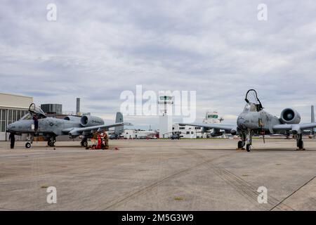 A-10 Thunderbolt II mit dem 107. Kampfgeschwader, 127. Flügel, Selfridge Air National Guard Base, Michigan, werden vor einer Übung in der Marine Corps Air Station Cherry Point, North Carolina, am 16. März 2022 inszeniert. Die 107. nutzte Cherry Point und seine entlegenen Felder für Such- und Rettungseinsätze. Stockfoto