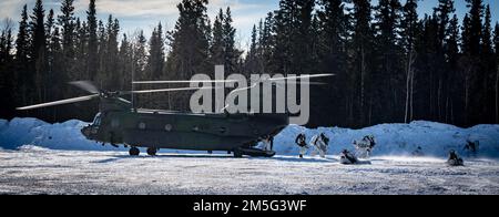 Soldaten des 3. Bataillons, Royal 22e Régiment Canadian Army, steigen am 16. März 2022 während des Trainings Joint Pacific Multinational Readiness Center 22-02 auf einem kanadischen CH-47 Chinook im Trainingsbereich von Fort Greely Alaska, USA, aus. JPMRC 22-02 ist die erste Rotation des Regional Combat Training Center (CTC) in Alaska. Es konzentriert sich auf großmaßstäbliche Kampfoperationen (Large Scale Combat Operations, LSCO) und ist eine Schulungsveranstaltung für kaltes Wetter, die im zweiten Quartal des Jahres 22 eine Situationstraining (STX) und eine Live Fire Exercise (LFX) umfasst. Mit dieser Übung wird die Bereitschaft des Kampfteams Stryker Brigade 1/25. zur Schulung bei kaltem Wetter bestätigt Stockfoto