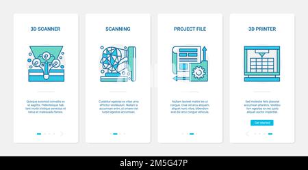 Drucken von Scangeräten Vektorgrafik. UX, UI Onboarding mobile App Seite Screen Set mit Linie Dokument Scanner mit menschlichen Kopf abstrakt symb Stock Vektor