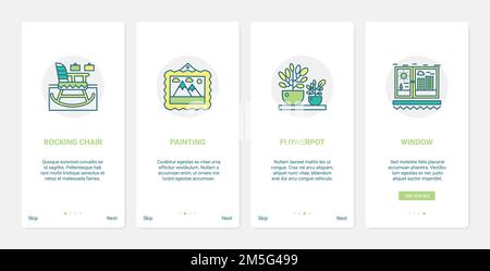 Startseite gemütliche Dekoration, Möbel Vektor Illustration. UX, UI Onboarding mobile App Seite Bildschirm mit Linie Einrichtung Dekor, Wohnzimmer Interieur col Stock Vektor