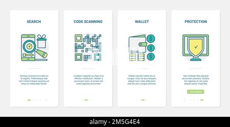 Online-Handel, Shopping-Vektor-Illustration. UX, UI Onboarding Mobile App Page Screen set with line phone search, purchase and payment Protection, d Stock Vektor