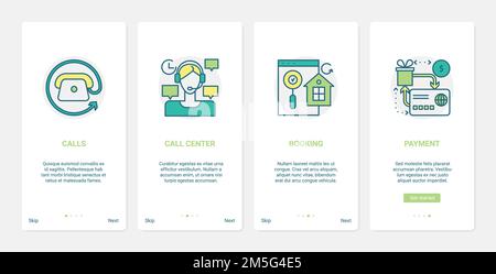Online-Commerce, Call-Center-Kundendienst Vektor-Illustration. UX, UI Onboarding Mobile App Seite Bildschirm mit Zeile Buchung Symbol gesetzt, Zahlung an b Stock Vektor