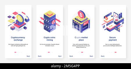 Isometrische Blockchain Krypto-Währung Austausch, Handel in der Börse Vektor-Illustration. UX, UI Onboarding mobile App Seite Bildschirm mit Cartoon 3d gesetzt Stock Vektor