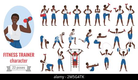 Fitness Sport Trainer Mann posiert Vektor Illustration Set. Cartoon junge sportliche männliche Charakter in Sportbekleidung halten Hanteln, posiert in verschiedenen ex Stock Vektor