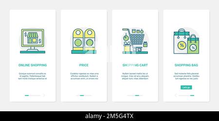 Online-Handel, Internet-Shop Technologie Vektor Illustration. UX, UI Onboarding mobile App Seite Bildschirm mit Linie Shopping Bag und Warenkorb von super Stock Vektor