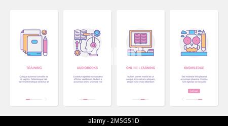 Online-Kurs, Fernunterricht Technologie Vektor Illustration. UX, UI Onboarding Mobile App Seite Bildschirm mit Linie lernen und Training mit Web Stock Vektor