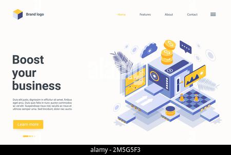 Steigern Sie Ihr Unternehmen isometrische Landing Page Design, Cartoon abstrakte Maschine Unterstützung im Prozess der Geldverdienen, Beratung im Business-Marketing, Co Stock Vektor