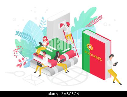 Online-Portugiesisch-Sprachkurse, Fernschule oder Universität isometrisches Konzept Stock Vektor