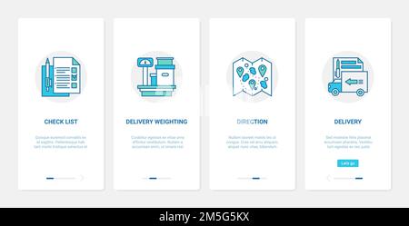 Abbildung des Vektorgrafikes für die Lieferung von Fracht nach dem Service. UX, UI Onboarding Mobile App Page Screen Set mit Zeilenwägung Briefkasten Container Paket auf Waage Stock Vektor