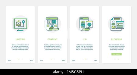 Digital Media Technology Promotion Vektor Illustration. UX, UI Onboarding Mobile App Page Screen Set mit Line Hosting, Promo Blog Content in Social m Stock Vektor