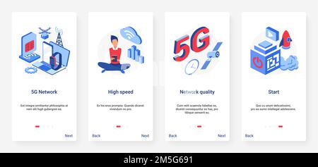 5G Vektordarstellung der digitalen Netzwerktechnologie. UX, UI Onboarding Mobile App Page Screen Set mit globalen High-Quality-Speed-Internet-Breitband-Netzwerk Stock Vektor