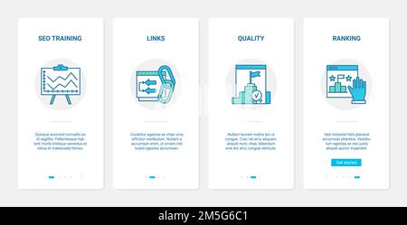 SEO-Training in Promotion-Methode, digitales Marketing Internet-Technologie Vektor Illustration. UX, UI Onboarding mobile App page screen set with line qu Stock Vektor