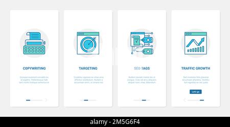 SEO-Optimierung Internet-Technologie Vektor Illustration. UX, UI Onboarding Mobile App Page Screen Set mit line Copywriting Targeting seo Tags Web tr Stock Vektor