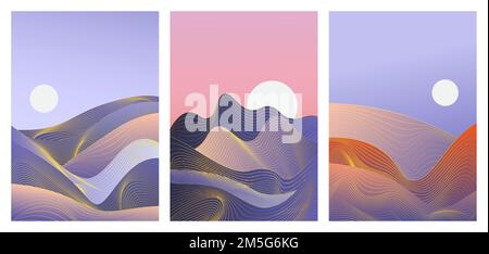 Abstrakte einfache blaue Wellen in minimalem Gradienten Natur Landschaft Vektor Illustration Set. Minimalistische gewellte Nachtlandschaft und purpurner Himmel im vertikalen Modus Stock Vektor