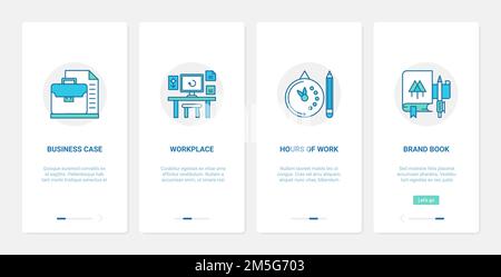 Vektorgrafik für den Arbeitsbereich des Geschäftsbüros und die Arbeitszeit. UX, UI Onboarding Mobile App Page Screen Set mit Line Workspace mit Aktenkoffer für Datei Stock Vektor