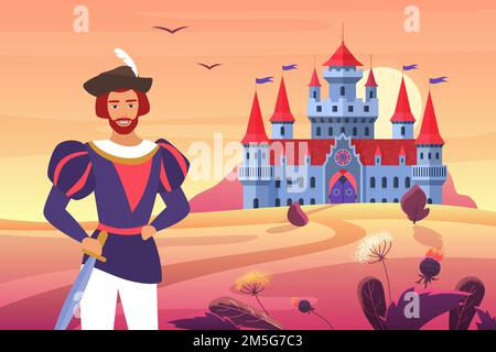 Prinz in mittelalterlicher Kleidung steht neben Fantasy-Schloss in märchenhaften Landschaft Vektor-Illustration. Cartoon glücklich junge Prinz Mann Charakter müde Stock Vektor