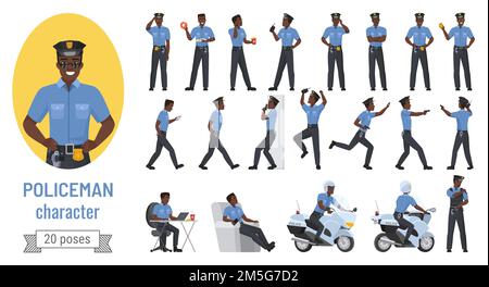 Polizist Posen Vektor Illustration Set. Cartoon bärtige professionelle schwarz afroamerikanische Polizist Charakter verschiedene Aktion mit Emotionen, Co Stock Vektor