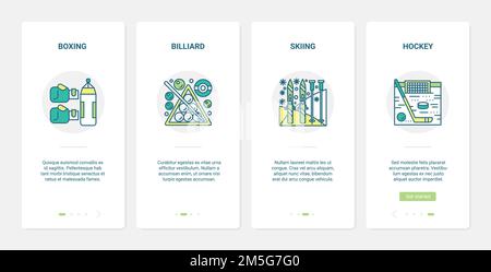 Vektorgrafik Sportausrüstung. UX, UI Onboarding mobile App Seite Screen Set mit Line Sport Handschuhe für Boxen, Bälle für Billard, Ski für Ski Stock Vektor