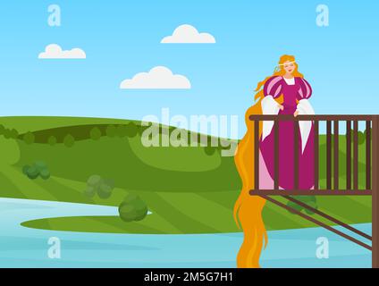 Schöne Prinzessin auf Balkon Vektor-Illustration. Cartoon glücklich rapunzel Charakter mit langen Haaren stehen auf dem Balkon der magischen Palast oder mittelalterlichen cas Stock Vektor